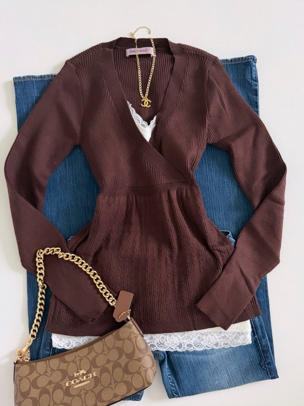 Brown Ribbed Wrap Front Knit Sweater Top